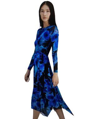 Anne Klein Blue Black Handkerchief Printed Handkerchief-Hem Midi Dress NWT